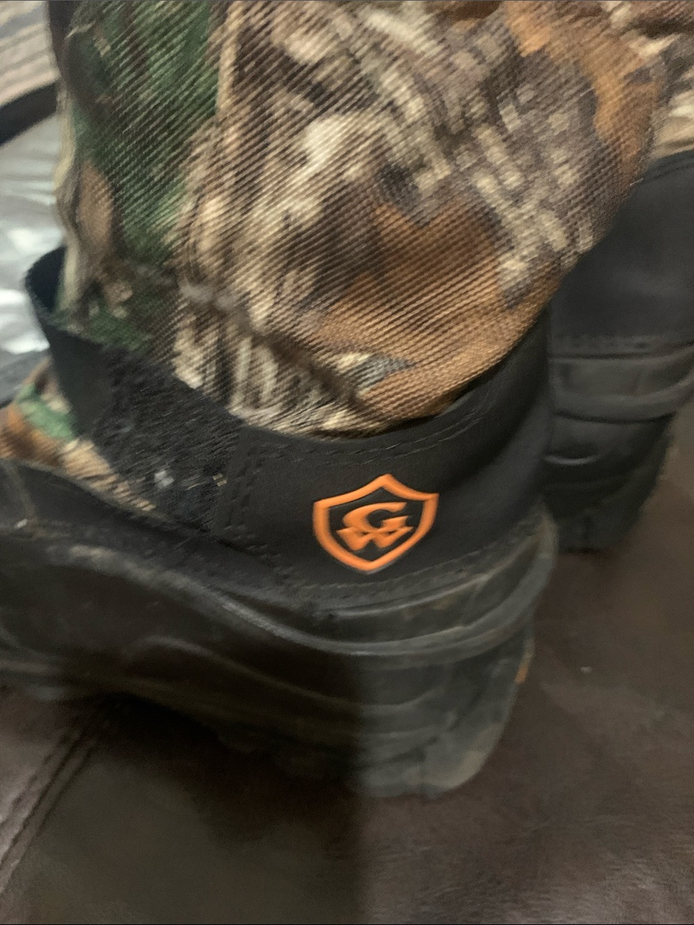 Kids Camo Pull-On Boots with Black Sole and Orange Logo